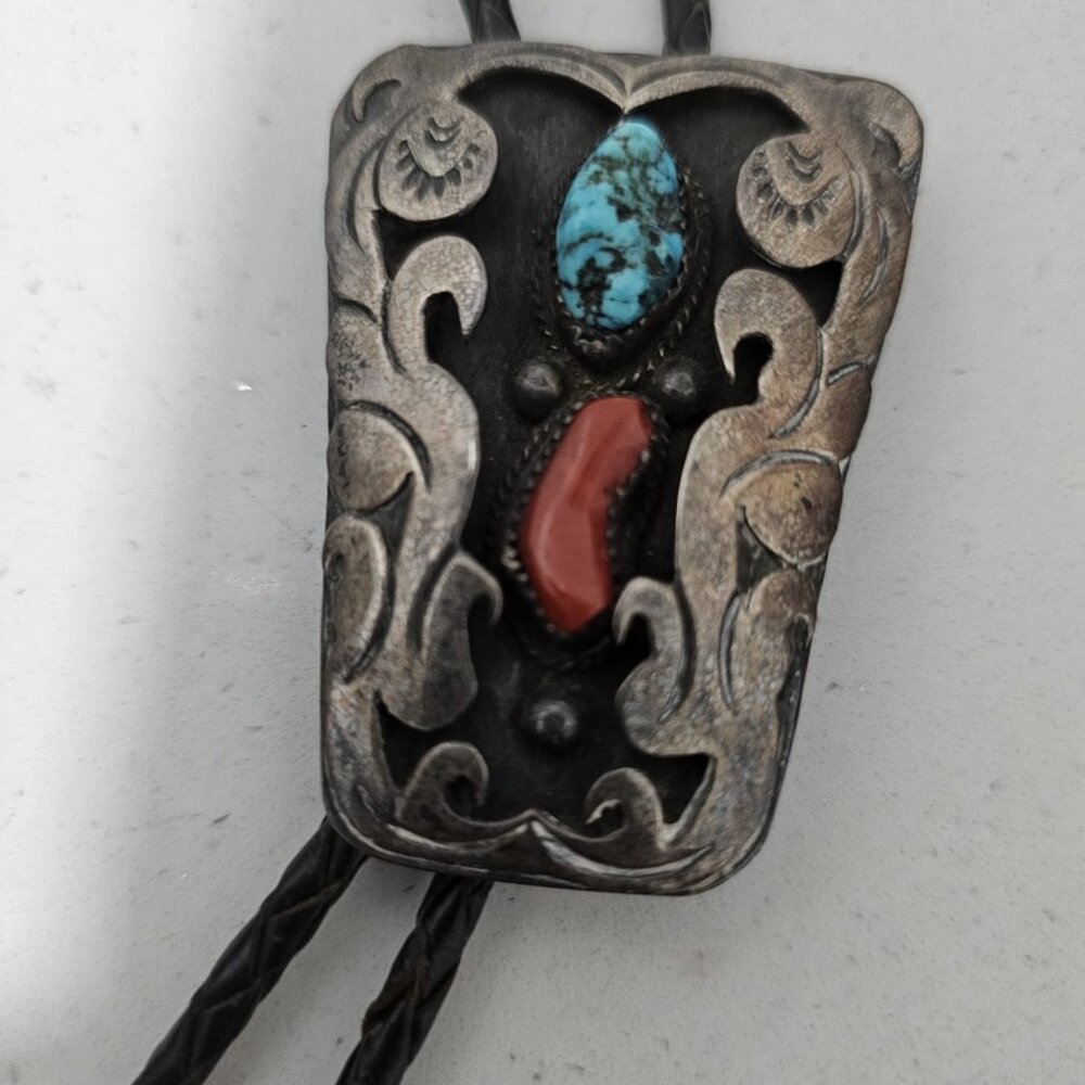 Vintage Navajo Bolo Tie Turquoise Coral Bennett Pat. Pend. Sterling